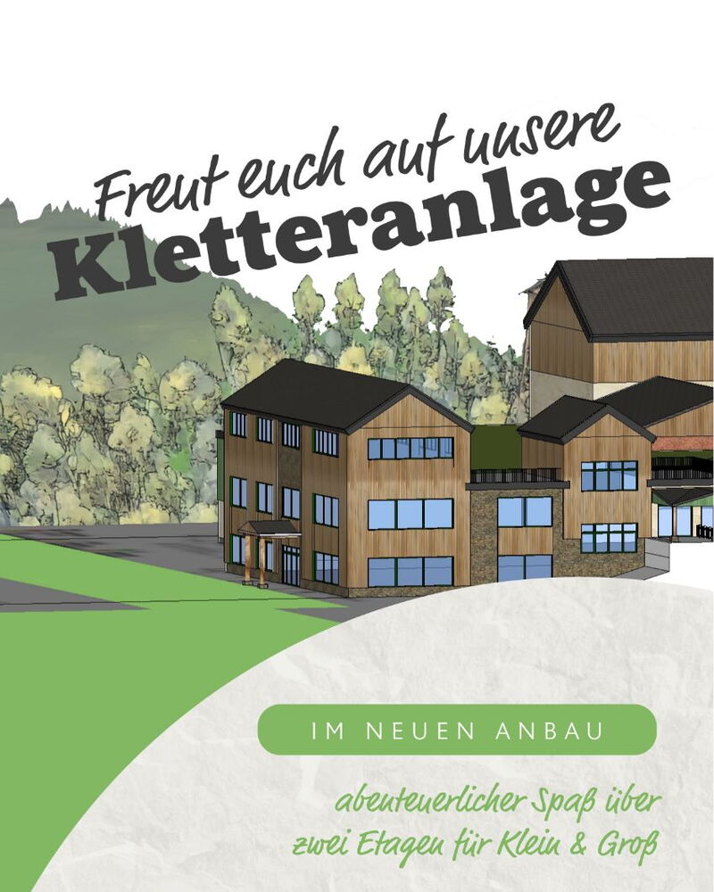 Illustration eines Holzgebäudes mit Text „Freut euch auf unsere Kletteranlage“.