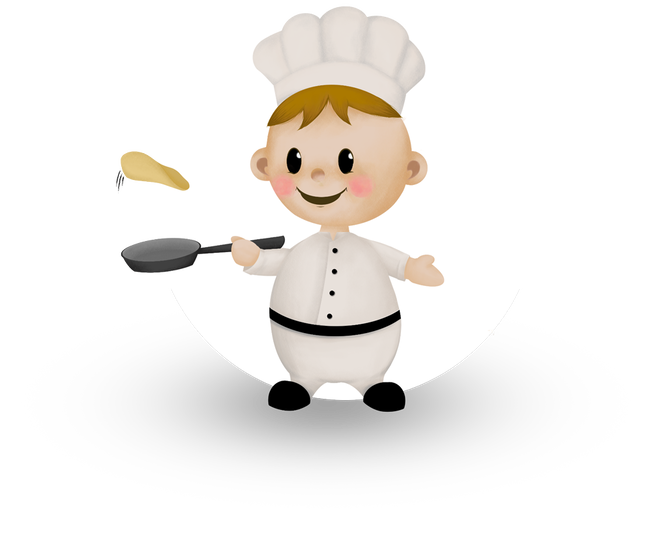 Illustration eines lächelnden Kindes in Kochkleidung mit Kochmütze, das eine Bratpfanne hält und einen Pfannkuchen in die Luft wirft.