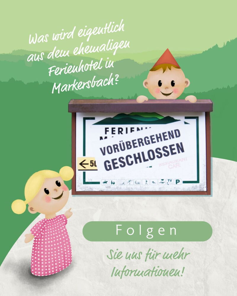 Illustration mit Glückies und Schild „Ferienhotel vorübergehend geschlossen“.