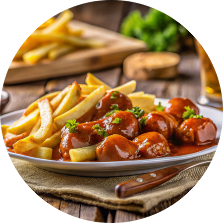 Nahaufnahme eines Tellers mit Fleischbällchen in Tomatensauce und Pommes frites, serviert auf einem Holztisch mit rustikalem Besteck.