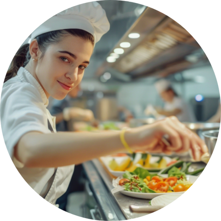 Junge Köchin in weissem Outfit und Kochmütze richtet lächelnd ein buntes Gericht in einer professionellen Grossküche an.