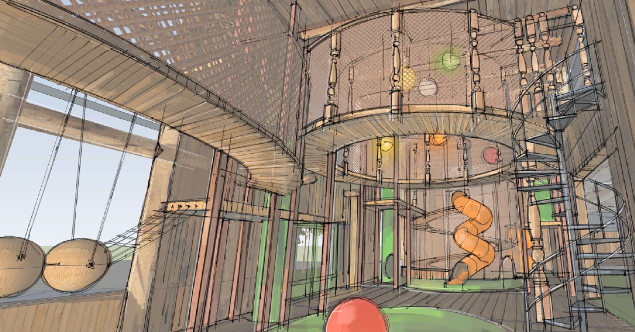 Architektonische Innenraum-Illustration eines Indoor-Spielbereichs mit Spiralrutsche, Kletterelementen und hölzernen Galerien.