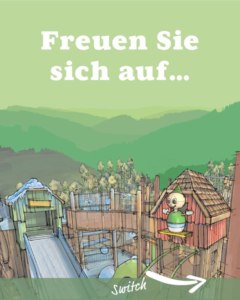 Gezeichnete Spiellandschaft mit Glückie-Figur und Text „Freuen Sie sich auf…“.